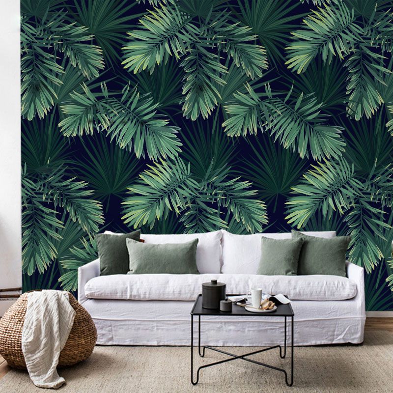 Extra Large Tropical Leaf Mural Wallpaper in Green Non-Woven Wall Decor for Bedroom, Custom-Printed