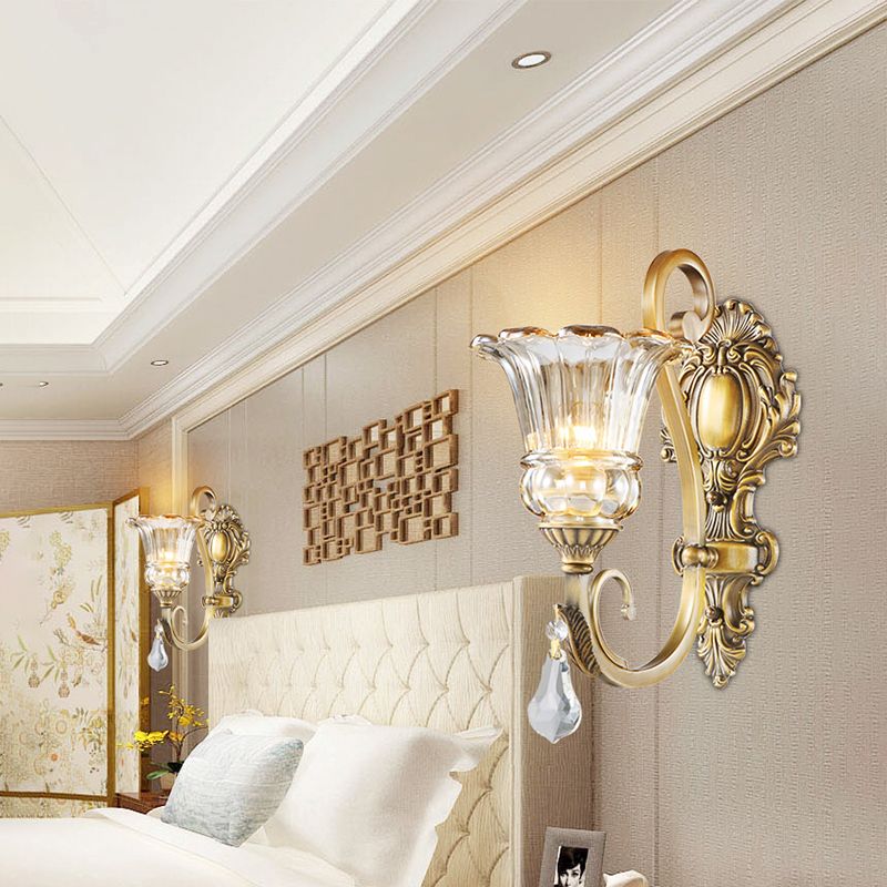 Flower Bedroom Wall Mount Light Clear Glass 1/2 Heads Contemporary Sconce Light in Brass with Crystal Drop