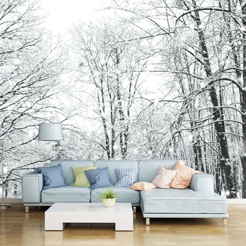 Custom Photo-Print Modern Mural with Bare Trees and Snow Landscape Pattern in White