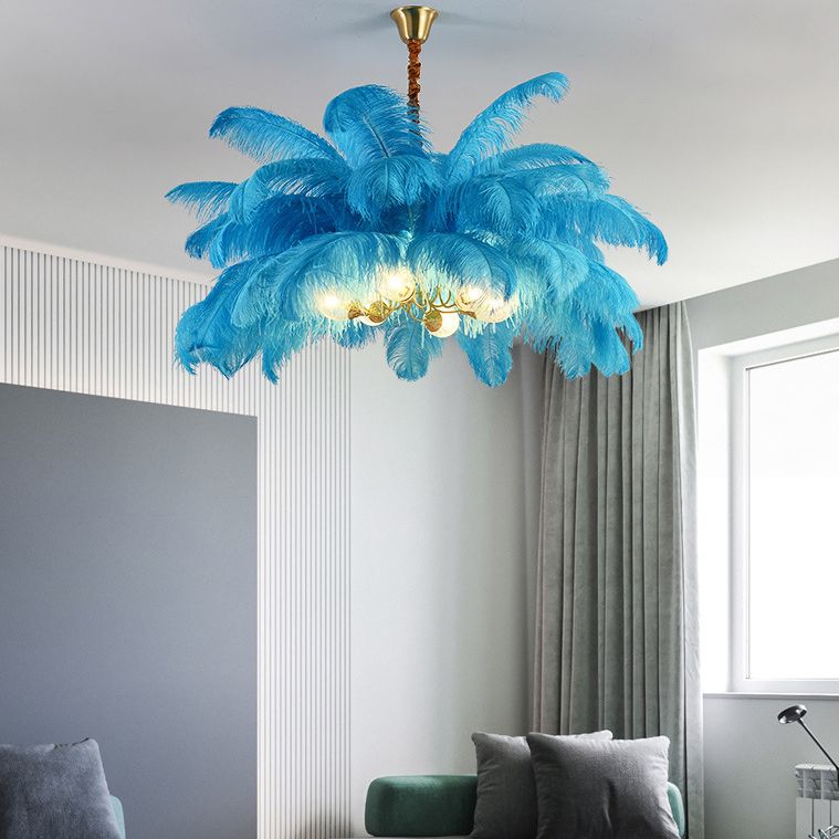 Ostrich Feather Ceiling Chandelier Modern Nordic Creative 6 Light Hanging Ceiling Light for Bedroom