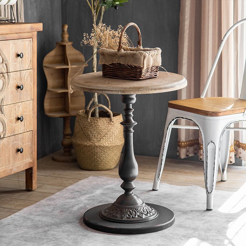 French Country Round Solid Wood Top Coffee Table Iron Pedestal Cocktail Table