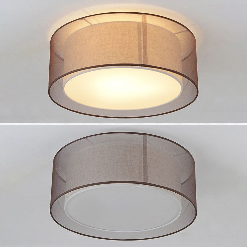 Brown Cylindrical Ceiling Light in Traditional Classic Style Wrought Iron Indoor Flush Mount with Flax Fabric Shade