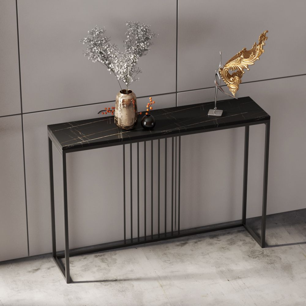 Iron Trestle Base Console Table with Rectangle Stone Top Accent Table