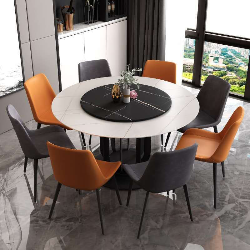Round Stone Dining Table Modern Turntable Furniture with Pedestal Base in Matte Finish