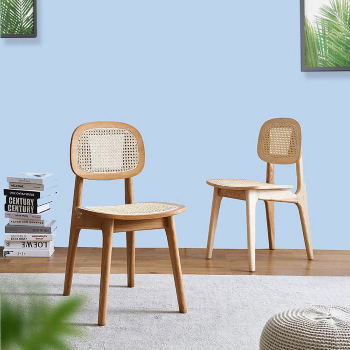 Modern Rattan Dining Chairs Open Back Dining Side Furniture with Wood Legs in Matte Finish