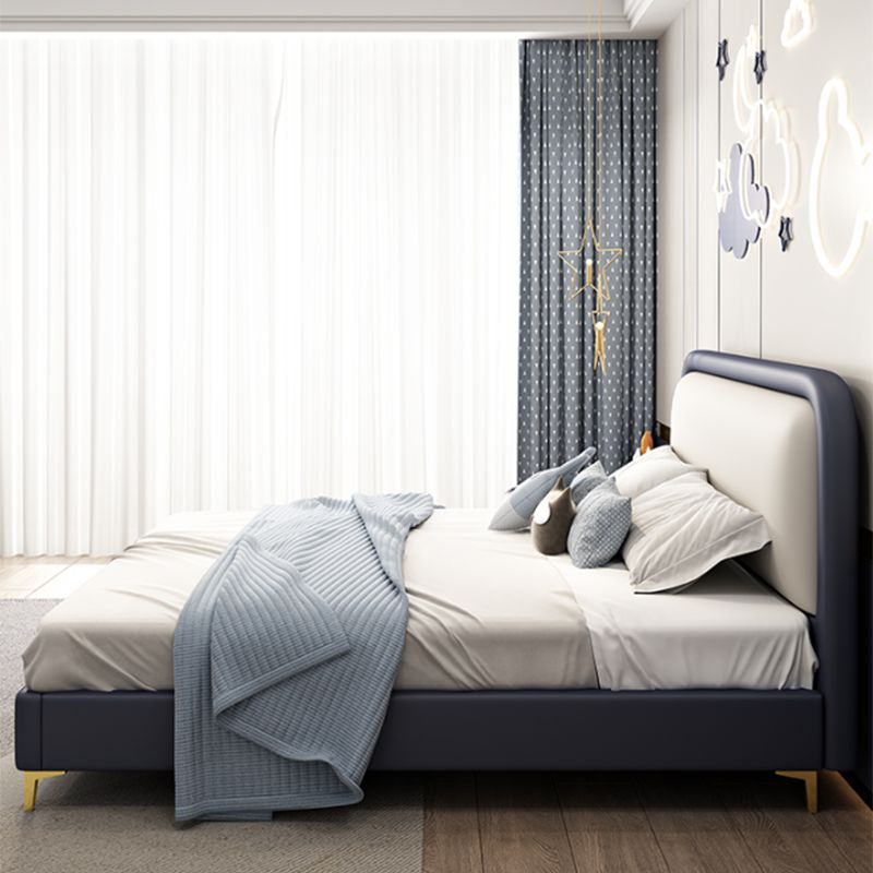 Modern Wooden Blue Standard Bed with Rectangular Headboard and Legs