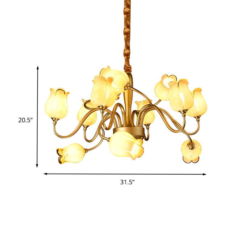 12 Lights Ceiling Chandelier Countryside Flower Beige Glass Hanging Light Fixture in Gold