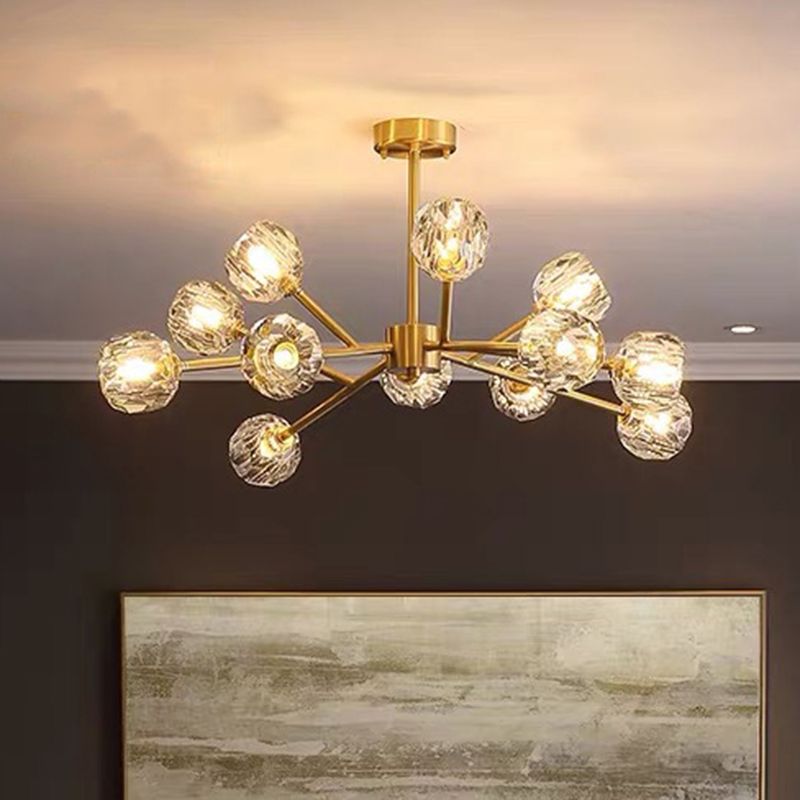 Branch Living Room Suspension Light Metal Artistic Chandelier Light with Faceted Crystal Shade in Gold