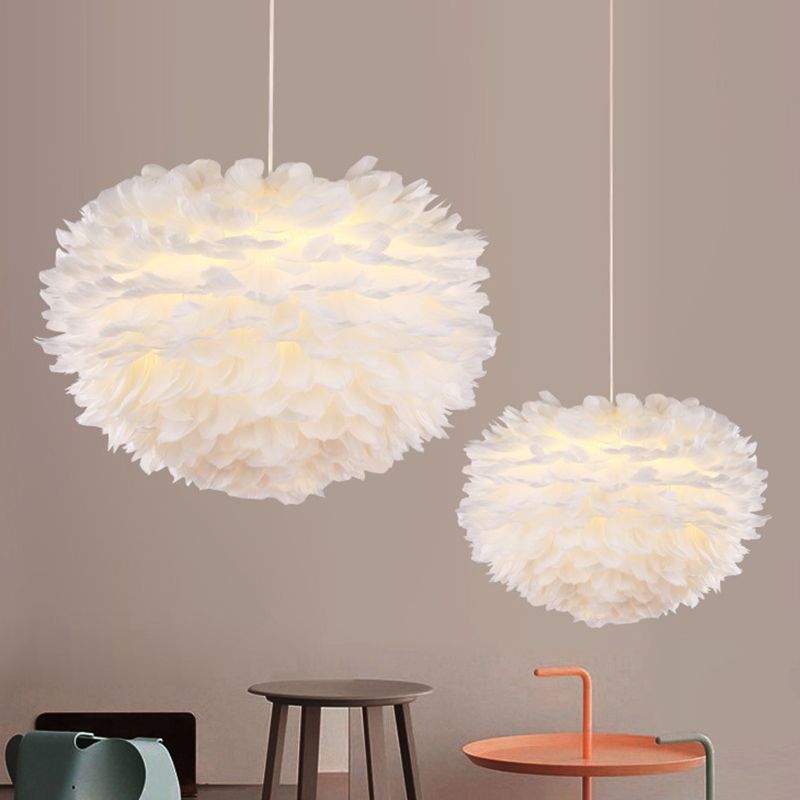 White Drum Pendant Light in Modern Creative Style Wrought Iron Chandelier with Feather Shade