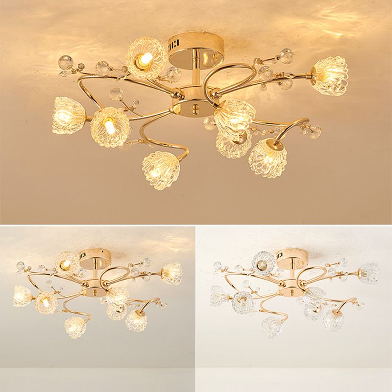 Lampe semi-affleurante en métal doré, éclairage de plafond traditionnel pour chambre à coucher avec abat-jour en verre fleuri