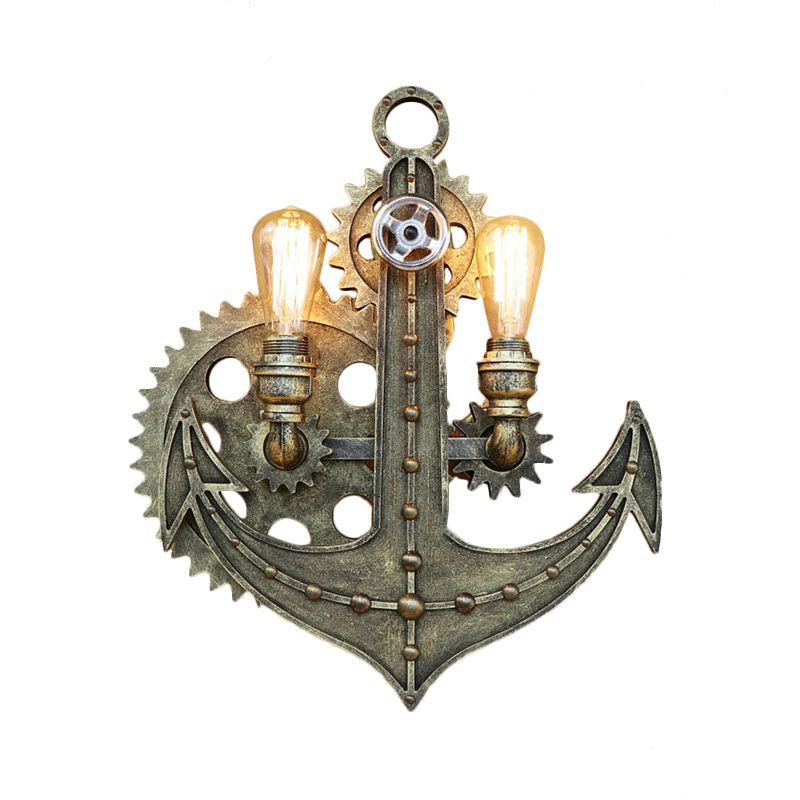 2 Bulbs Anchor Wall Mount Light with Gear Deco Antique Style Aged Brass/Rust Wrought Iron Sconce Lamp for Restaurant