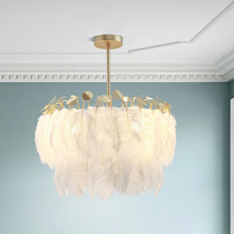 Round Shaped Feather Ceiling Light Modern Style White Hanging Pendant Light for Living Room