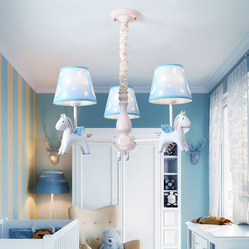 Rainbow Unicorn Ceiling Lighting Kids Style Resin Bedroom Chandelier Light Fixture with Tapered Fabric Shade