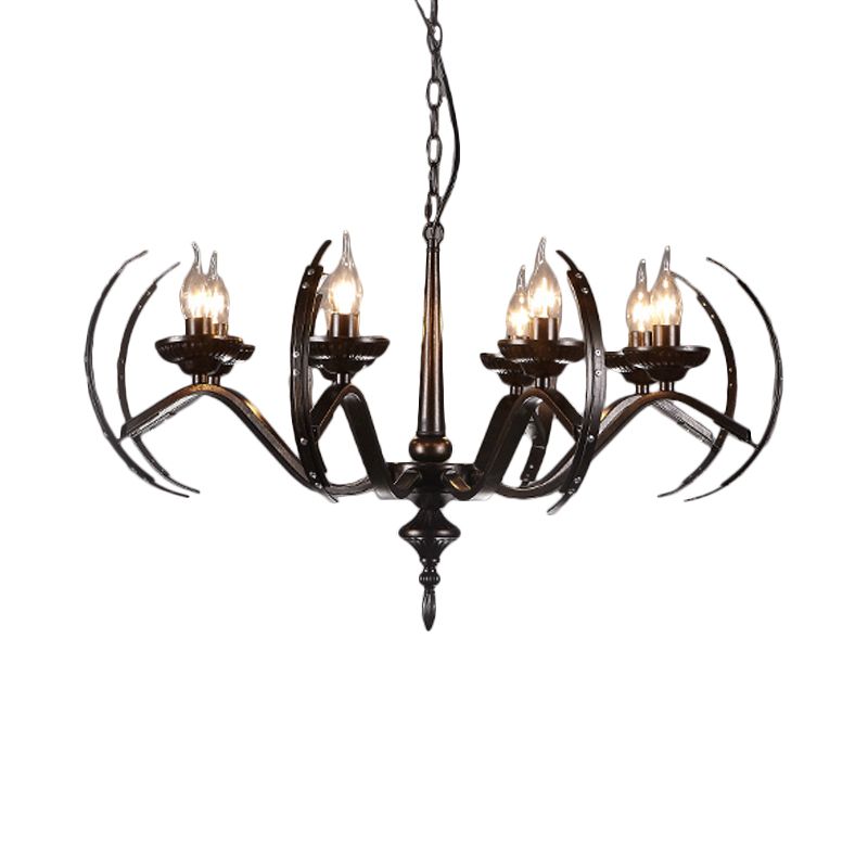 Traditional Candle Hanging Lamp 8 Bulbs Iron Chandelier Light Fixture with Curvy Arm in Black