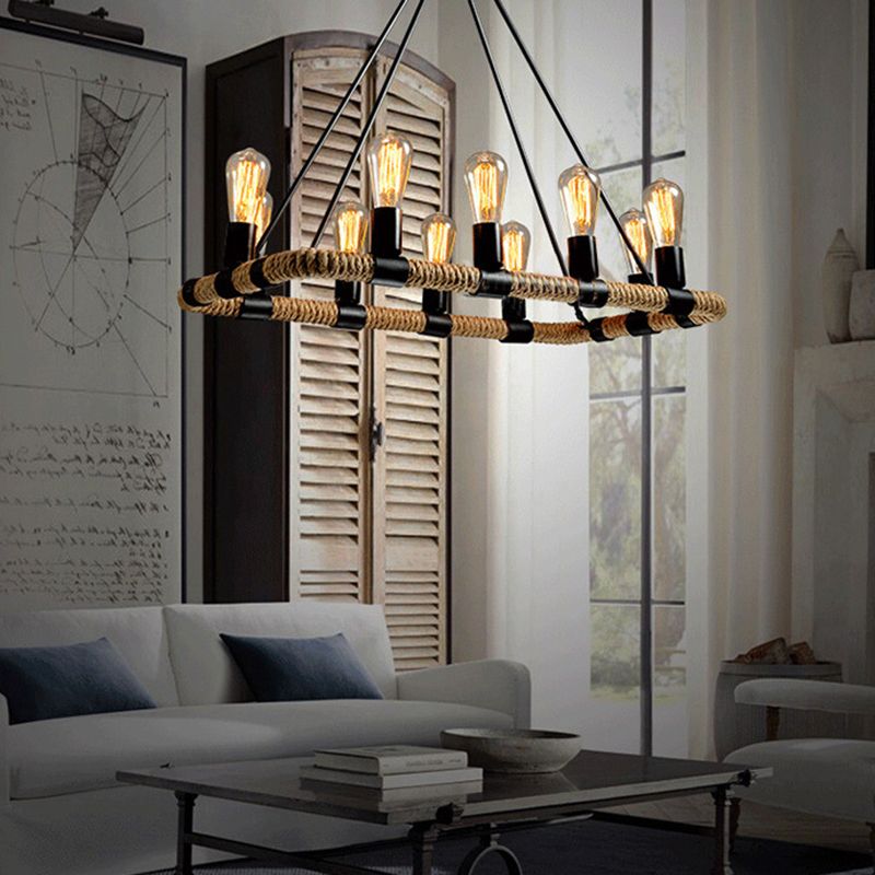 Rectangular Hemp Rope Island Lamp Industrial 10-Light Dining Room Suspension Light