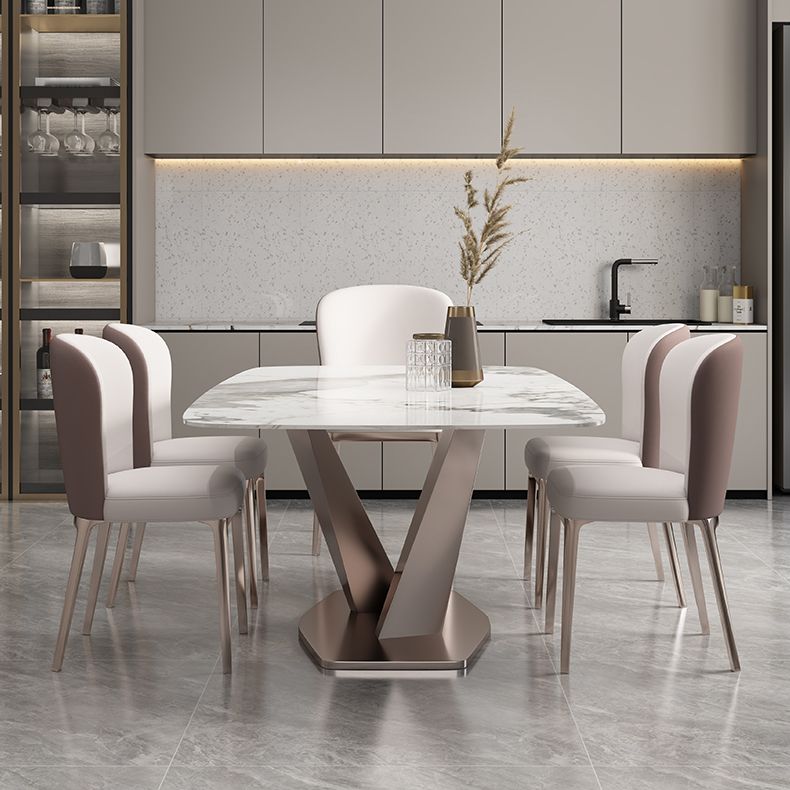 Minimalist Style Sintered Stone Dining Table with White Fixed Table and Trestle Base for Home Use