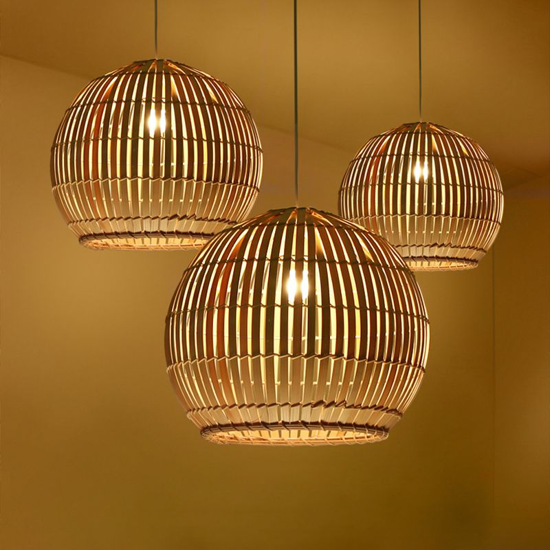 Sphere Pendant Lighting Tradition Bamboo 1 Bulb 12"/16"/19.5" Wide Wood Hanging Lamp Kit