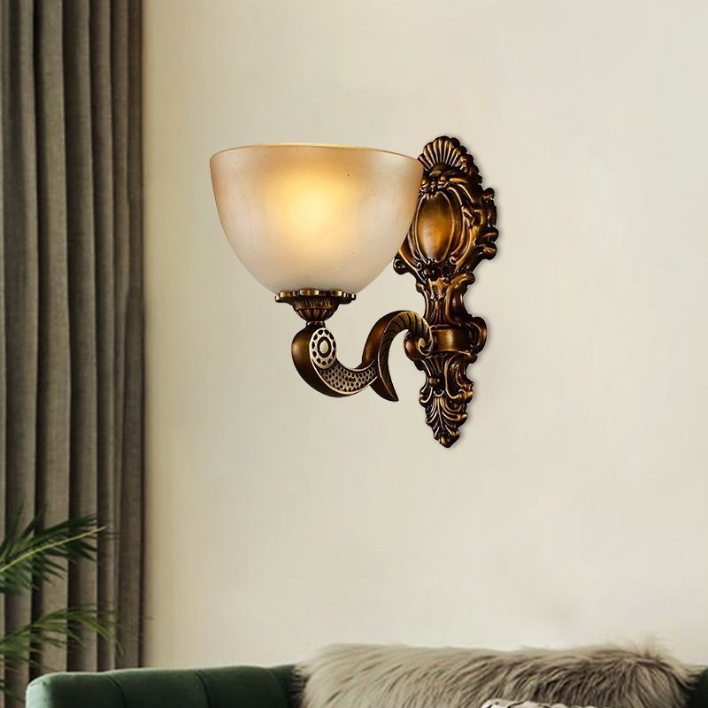 Frosted Glass Bowl Wall Sconce Light Rural 1 Light Bedroom Wall Lighting in Brass with Carved Backplate