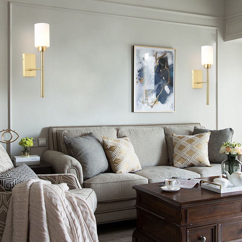 Contemporary Sconce Lights Brass Arm Wall Light for Hotel Bedroom in White Glass Shade