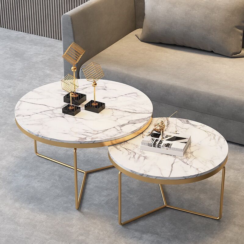 Round Coffee Table Set with Golden Iron X-Base and Marble Top