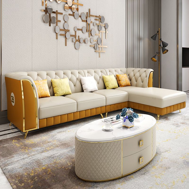 Genuine Leather Luxurious Sectional Tufted Back Sofa & Chaise with 5 Pillows