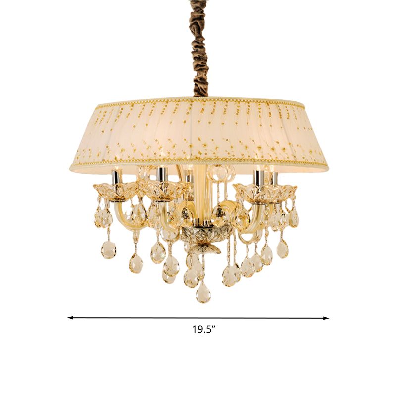 Luz de lámpara de la sala de estar de tambor tela contemporánea 4 cabezas lámpara colgante beige con caída de cristal