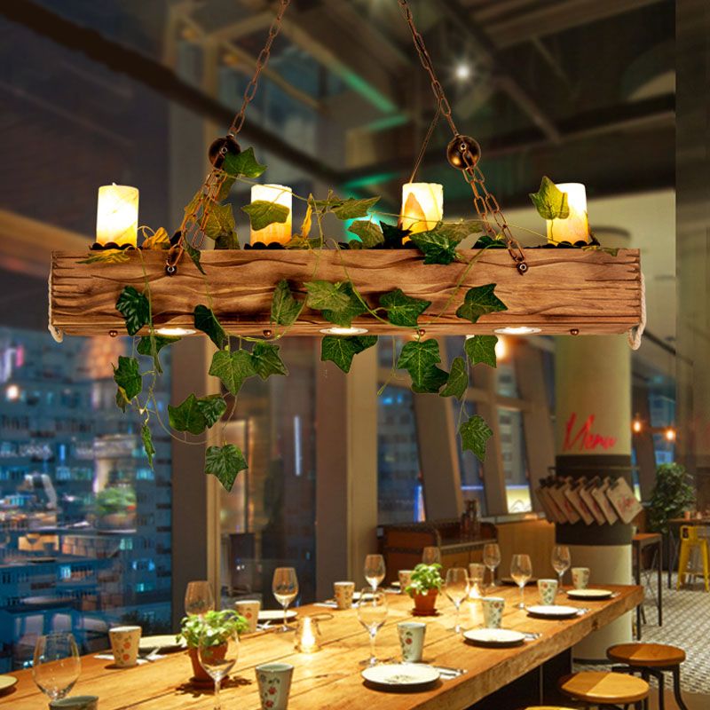 Rectangle Dining Room Island Pendant Industrial Marble 4 Lights Wood Hanging Ceiling Light