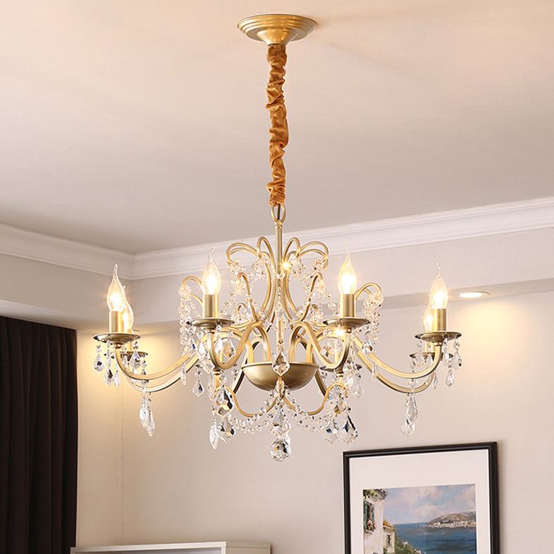 Clear Crystal Pendant Lamp with Candle Lamp Holder Vintage Country Style Chandelier Lighting in Gold