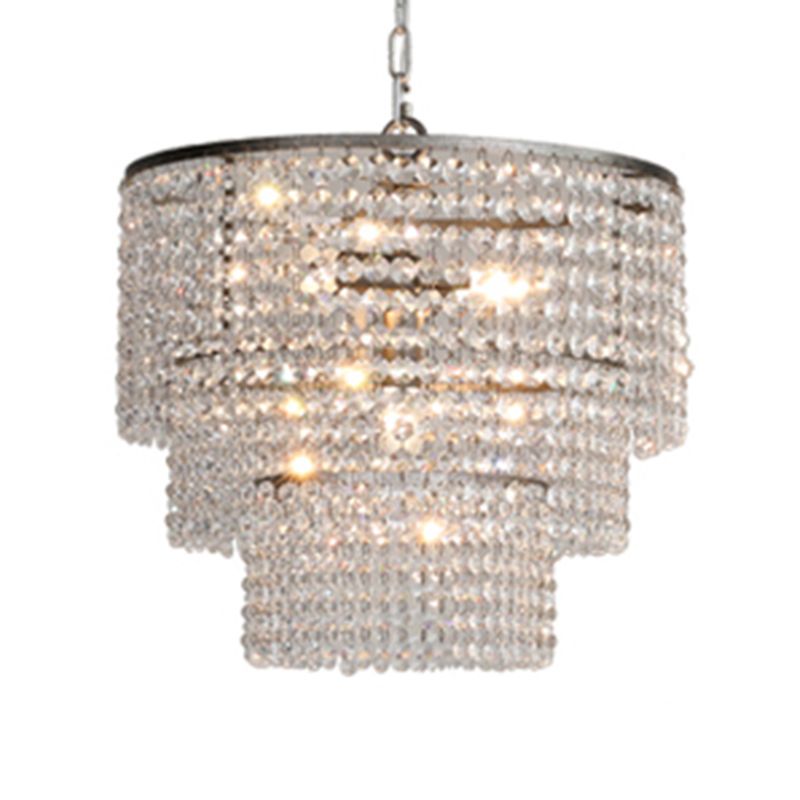 Chrome Tiered Round Chandelier Pendant Rustic Crystal Strand Living Room Hanging Light