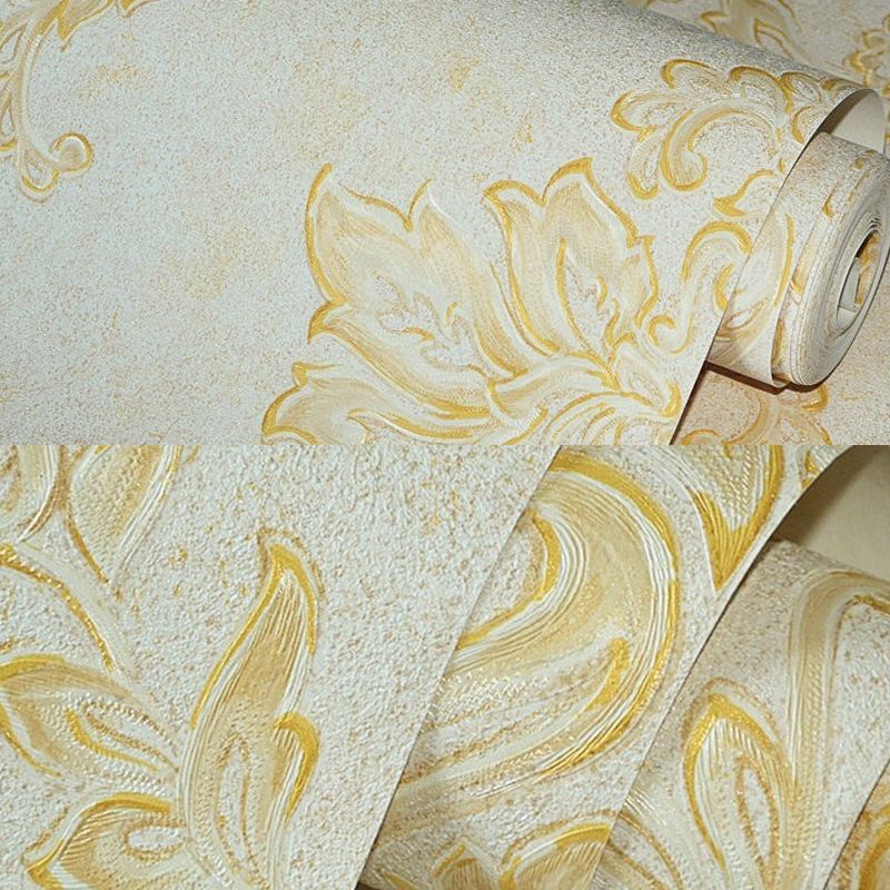 Damask Wallpaper Roll Nostalgic Moisture Resistant Dining Room Wall Art, 31' L x 20.5" W
