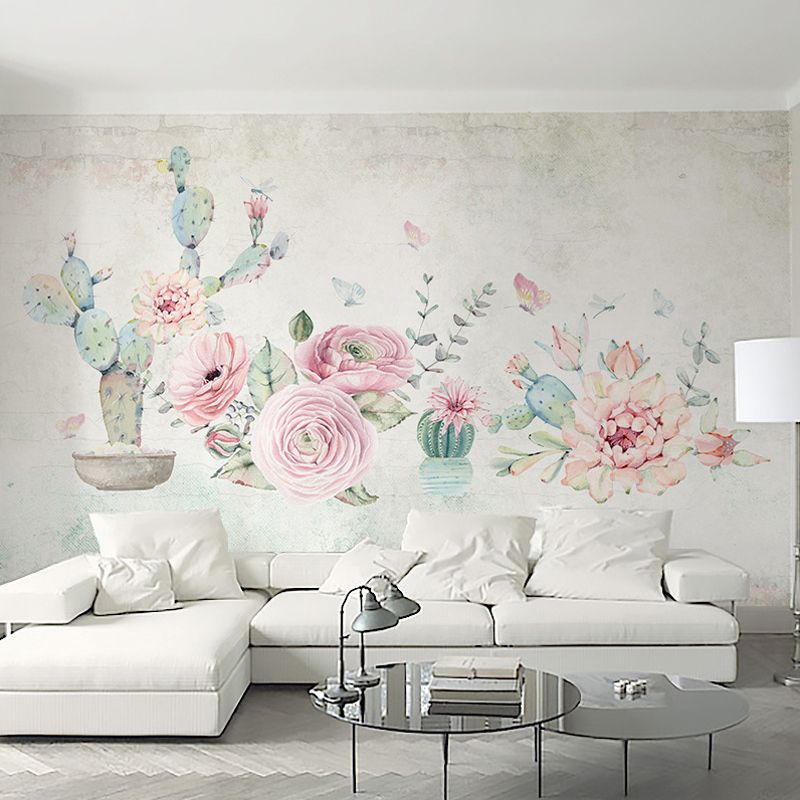 Tropix Cactus and Peony Murals Pink-Blue Stain-Resistant Wall Art for Living Room