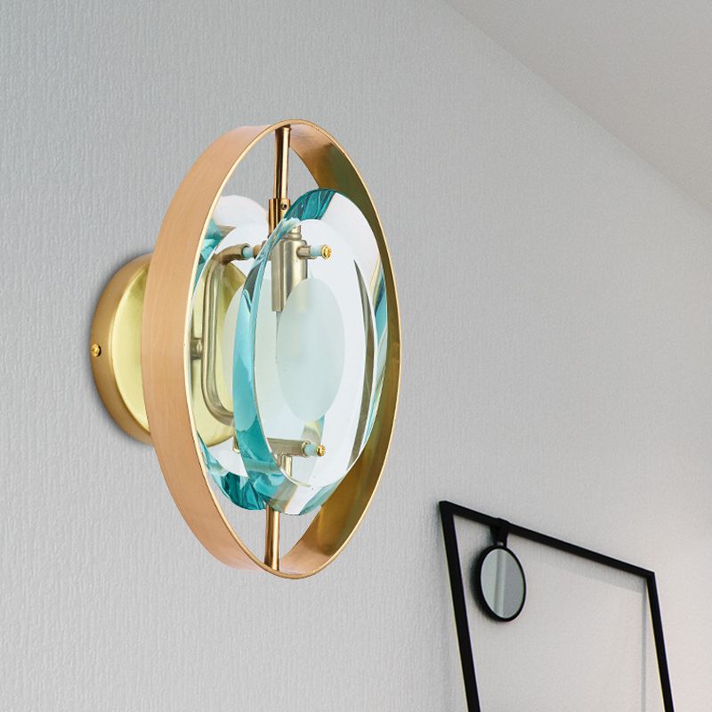 Green Crystal Gold Wall Lamp Elliptical Single Head Vintage Wall Sconce Light with Circular Backplate