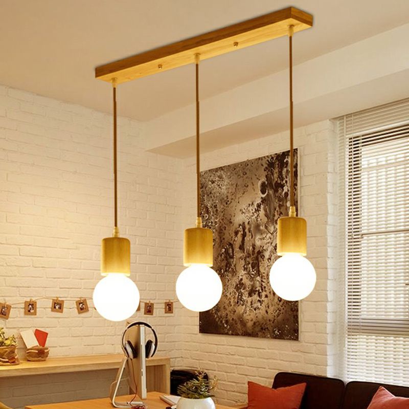 Wooden Bare Bulb Multiple Lamp Pendant Minimalist 3 Heads Beige Suspension Lighting Fixture
