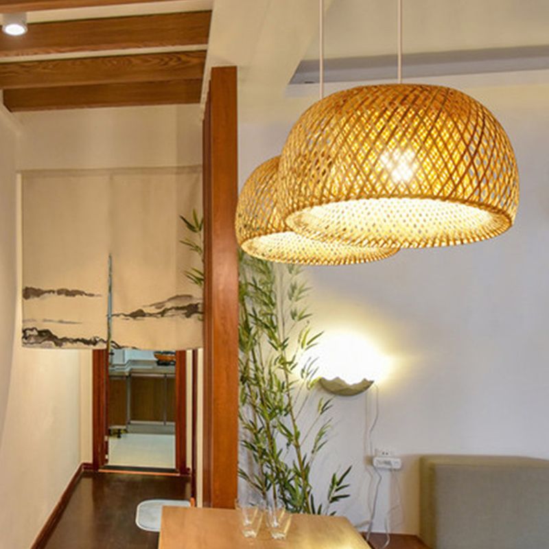 Half-Circle Shade Pendant Light Fixture Asia Style Bamboo Beige Suspension Pendant Light