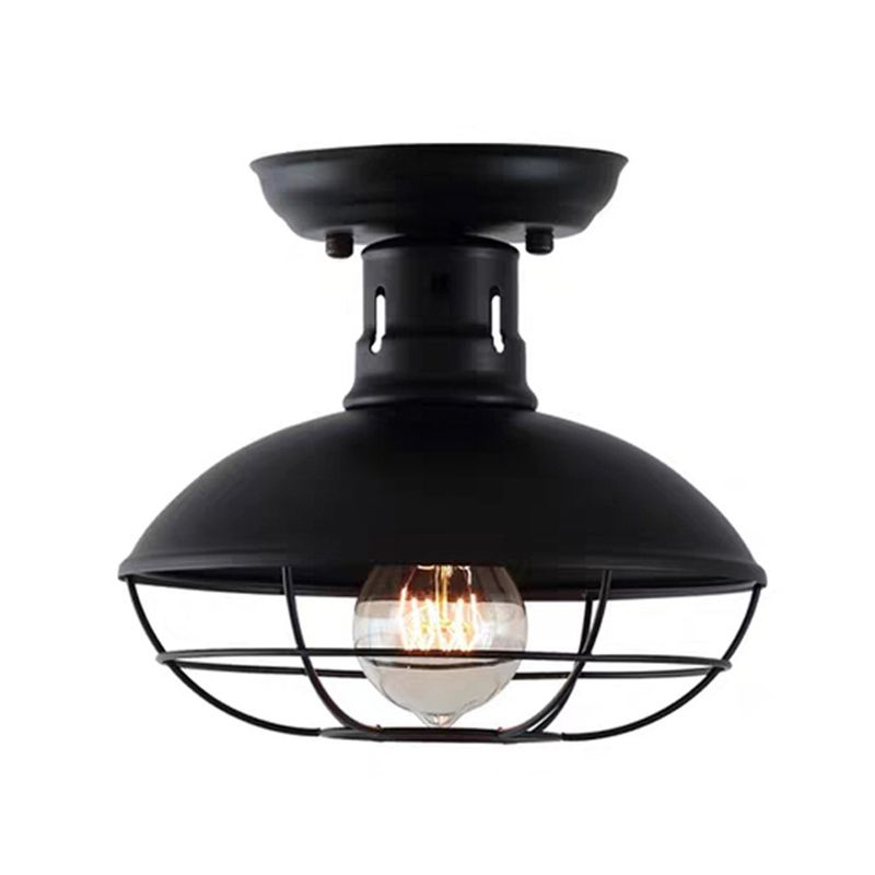 Wire Cage Ceiling Mounted Fixture Retro Style Black Metal Semi Flush Mount Light
