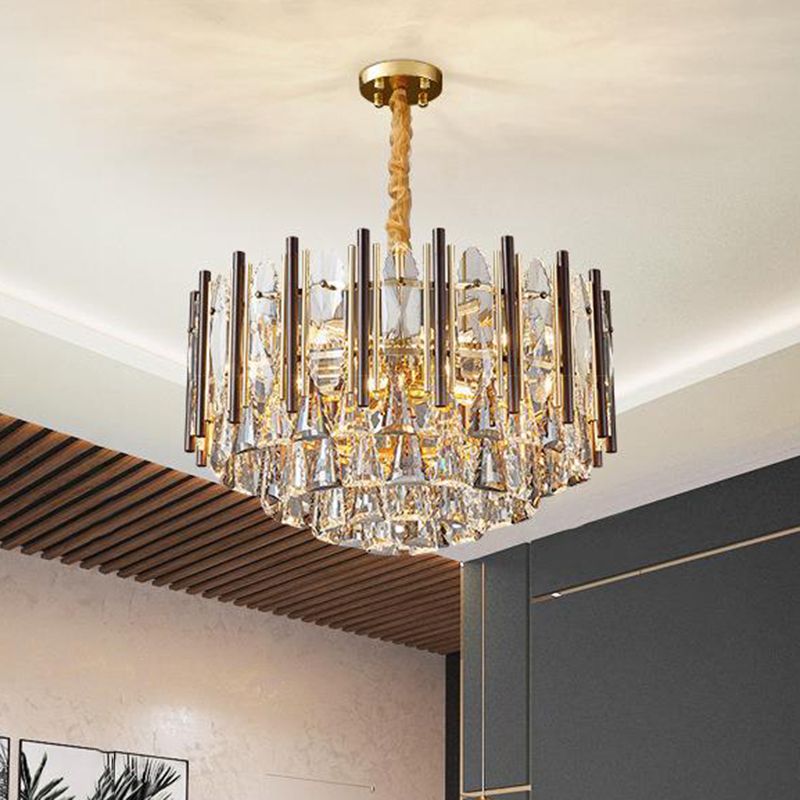 Round Ceiling Chandelier Postmodern Teardrop Crystal 7 Lights Gold Hanging Light Kit