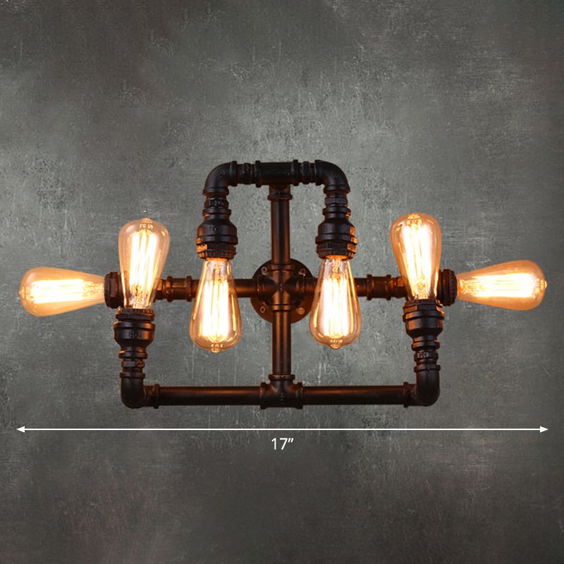 Antique Style Pipe Wall Lighting 6 Heads Iron Wall Mount Light in Black for Restaurant