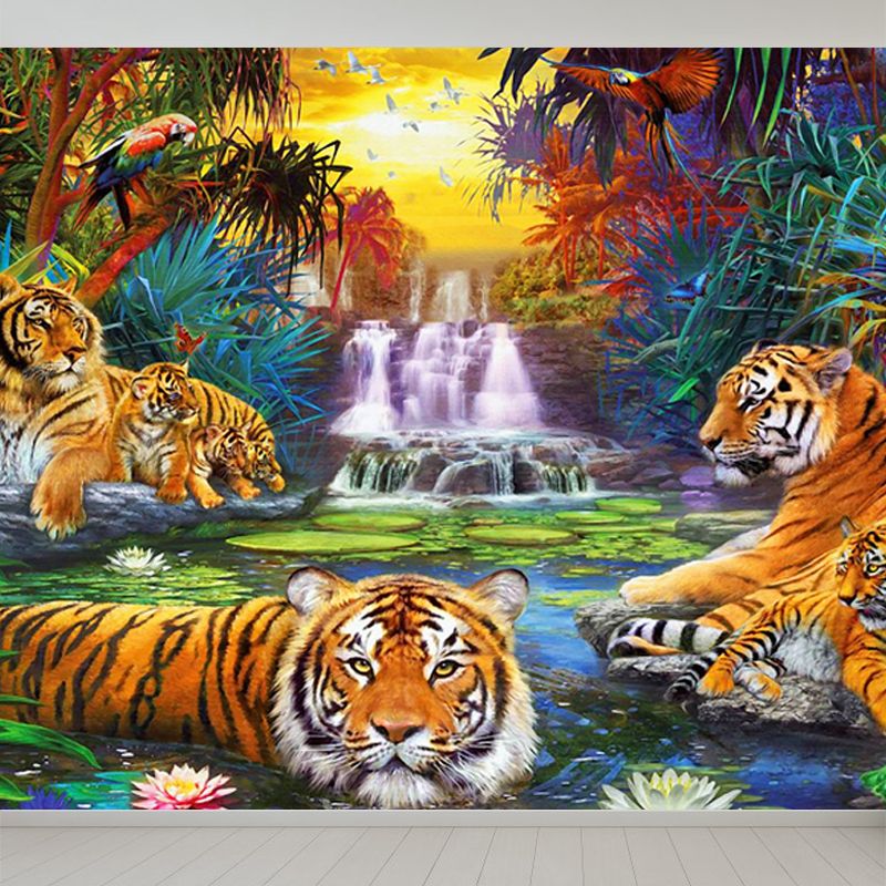 Jungle Cascade and Tiger Mural Wallpaper Modern Non-Woven Cloth Wall Art in Green