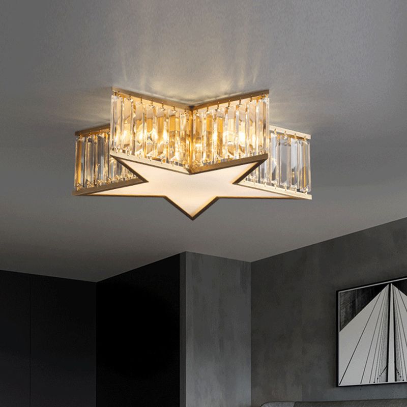 Copper Gold Ceiling Light in Colonical Luxury Style Crystal Star Ceiling Fixture for Bedroom