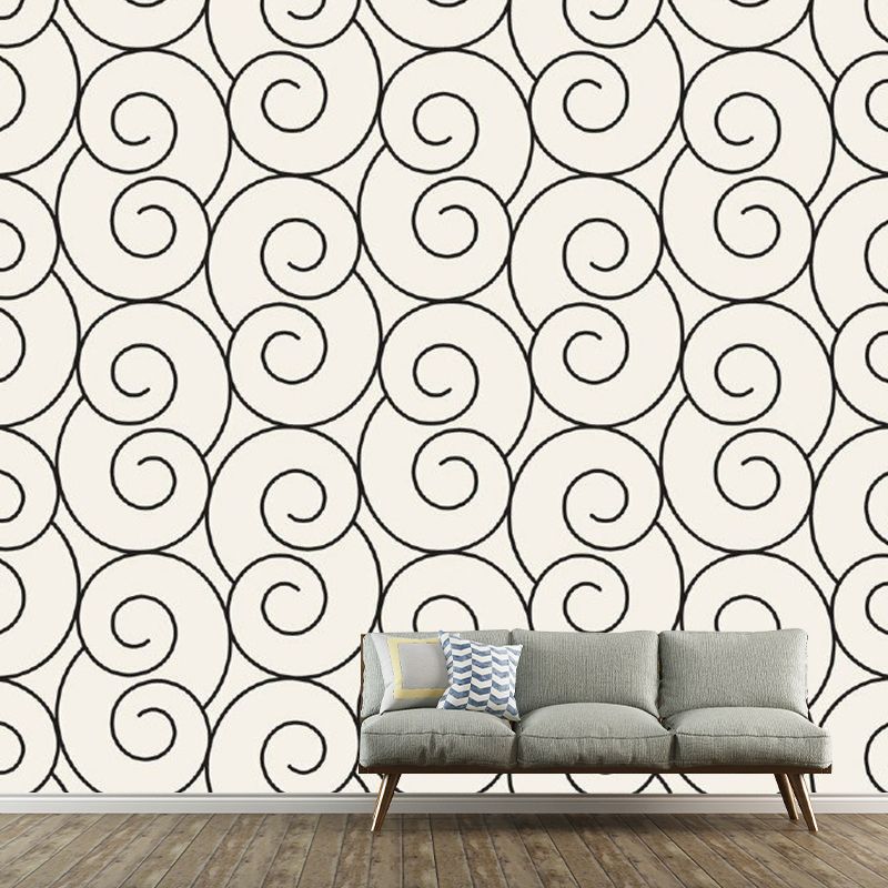 Minimalist Spiral Seamless Wall Murals in Black-White Stain Resistant Wall Decor for Bedroom