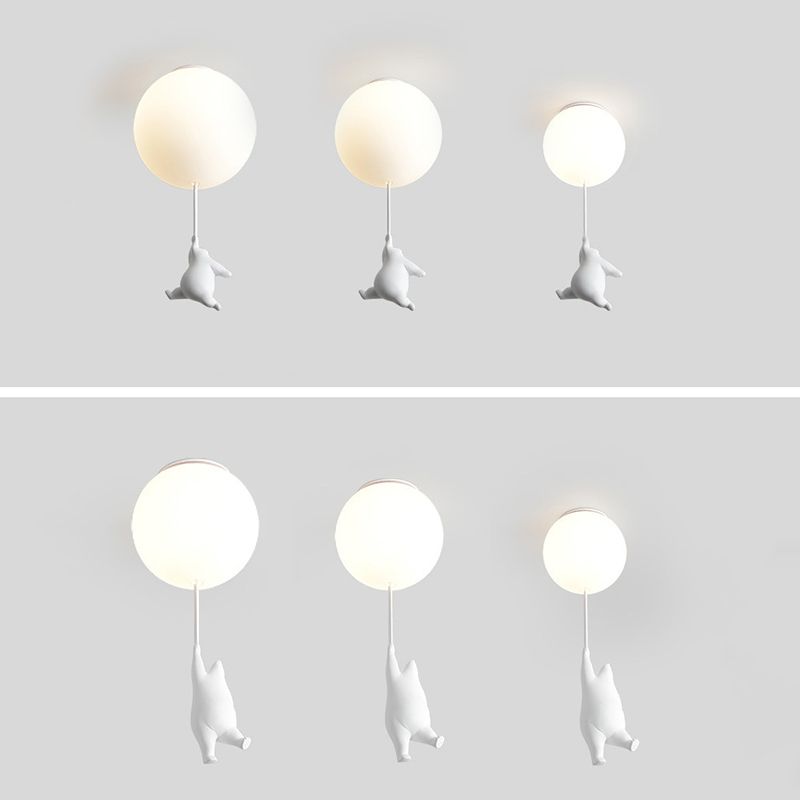 White Globe Ceiling Light in Kids Style artistique Resin Bear Flush Mount with Glass Shade
