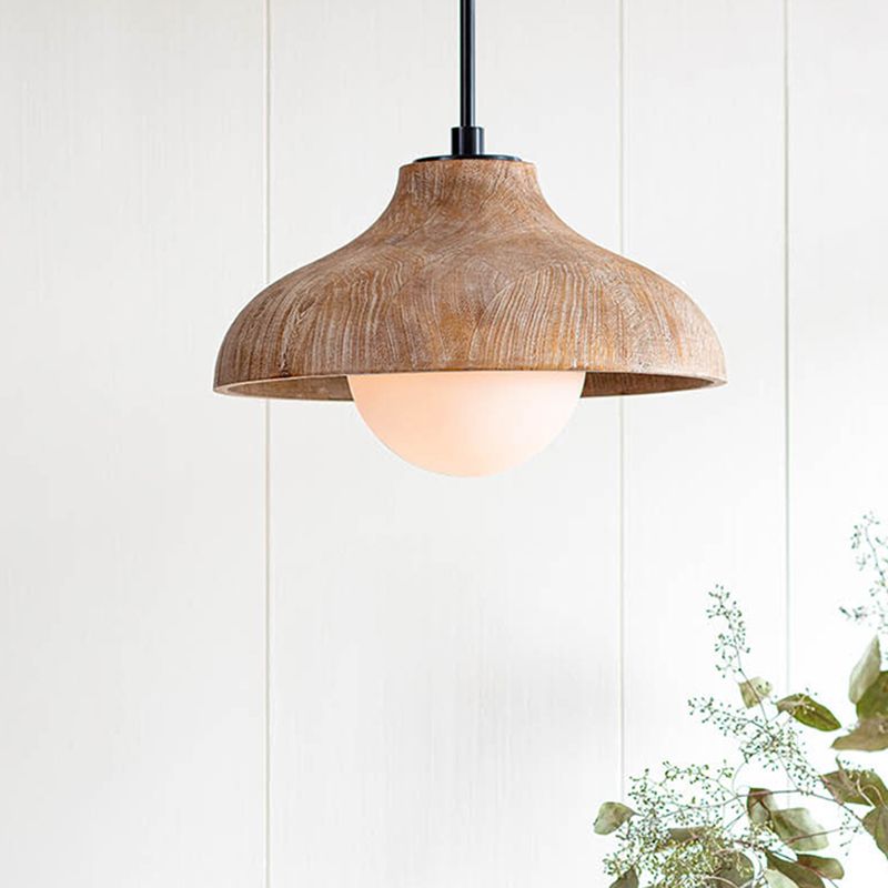 Luce sospesa in legno cono 1 lampadina lampadina con tonalità in vetro globo per sala da pranzo