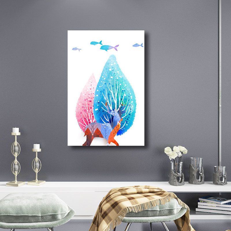 Canvas Home Wall Decor Modernist Elk and Tree Art Print in Blue, Multiple Size Available