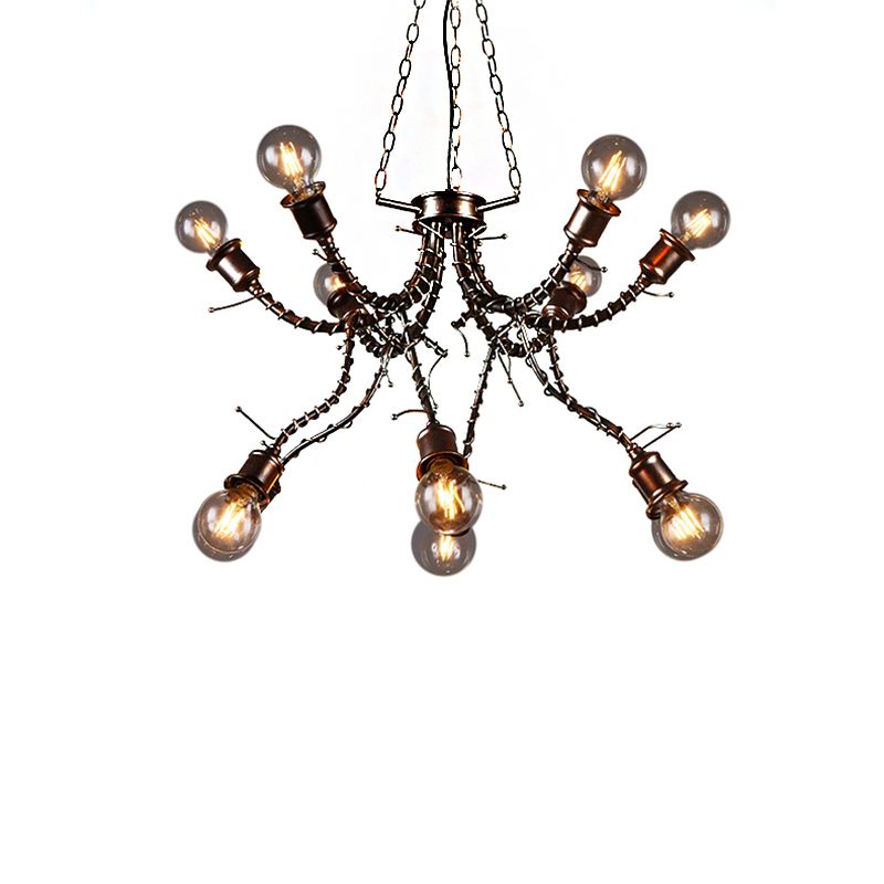 10-Light Human Shade Chandelier Loft Style Black Metal Pendant Light Fixture in Bedroom with Sputnik Shape