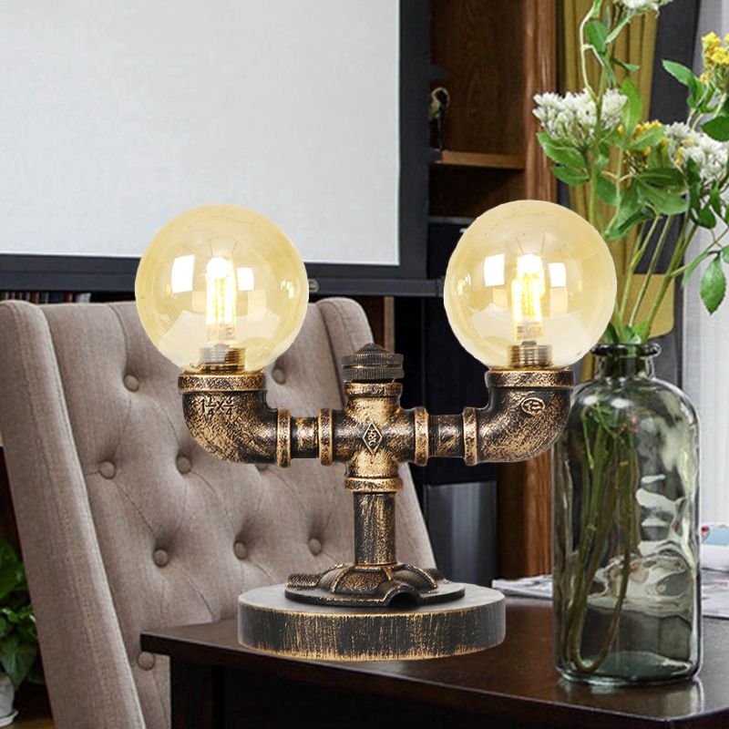 Tarea de sombra redonda de vidrio transparente/ámbar iluminación vintage estilo 2 luces lámpara de escritorio de cafetería en plata antigua/bronce