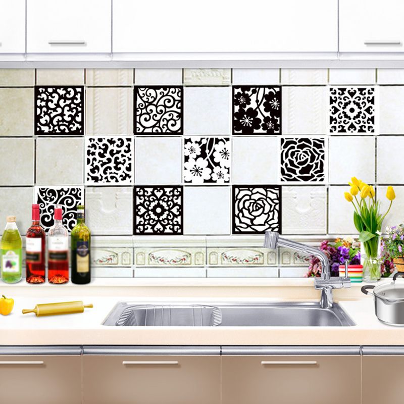Black-White Scroll Flower Wallpapers Peel and Stick Wall Covering for Kitchen (10 Pieces)