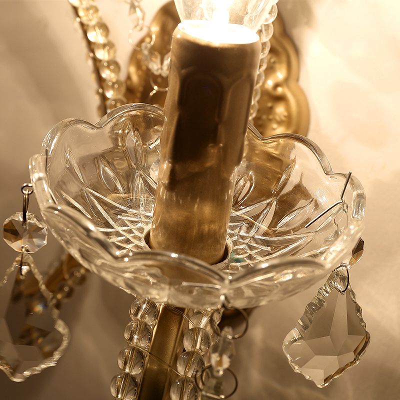 Traditional Scrolled Arm Wall Lighting Metal Wall Mount Light Fixture in Brass with Dropping Crystals