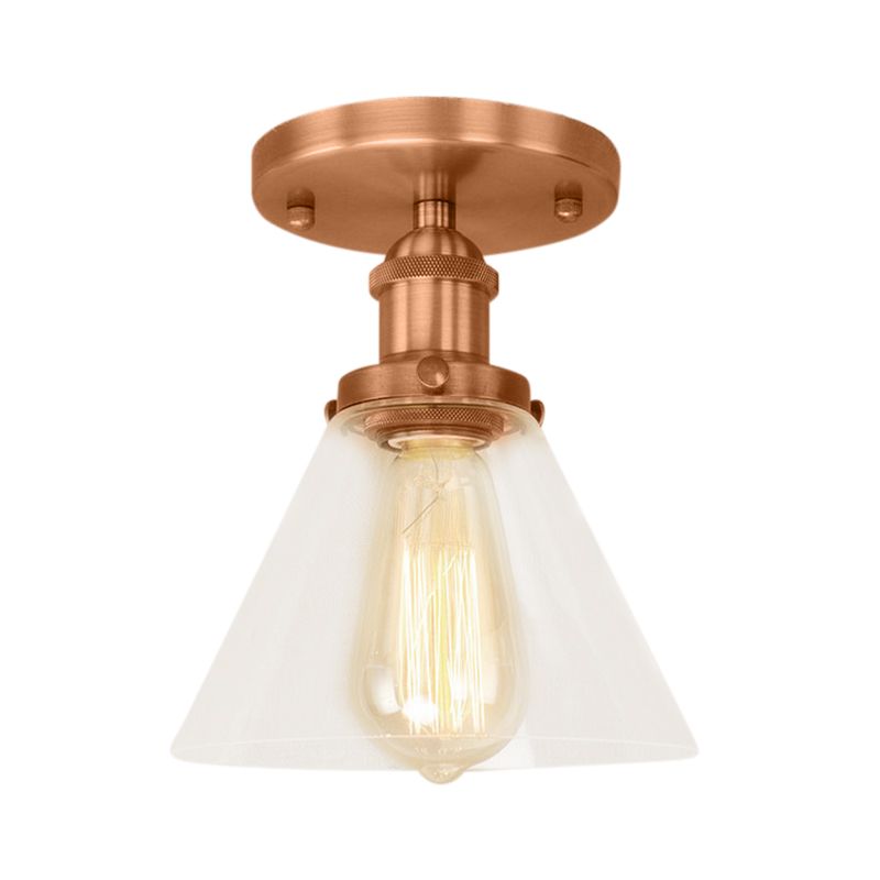 Single Bulb Semi-Flush Mount Industrial Conical Clear Glass Ceiling Light in Black / Brass / Copper