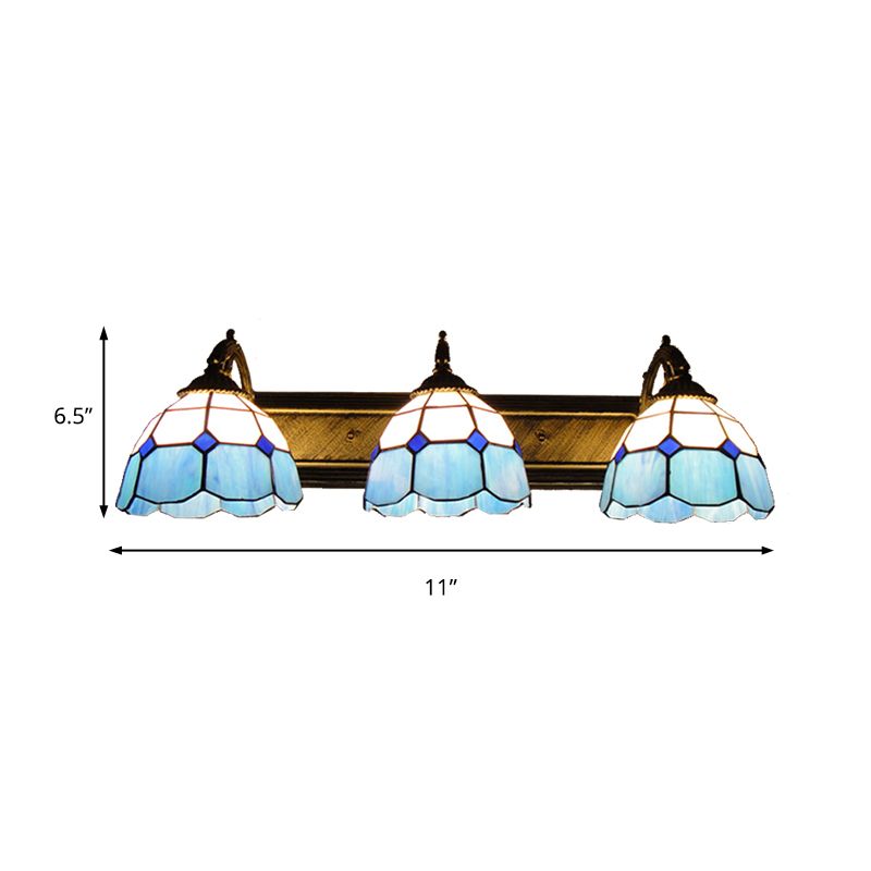Mediterranean Dome Vanity Lighting Stained Glass 3 Lights Wall Sconce Light in Aged Brass