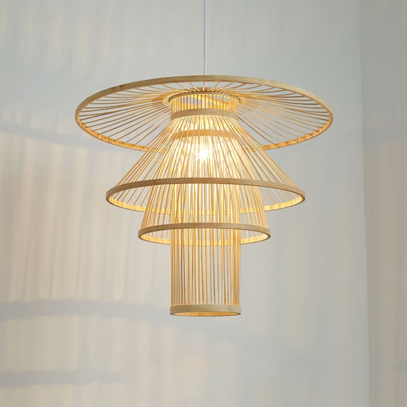 Wood Layered Suspension Light Simplicity 1 Bulb Bamboo Pendant Lighting for Tea Room